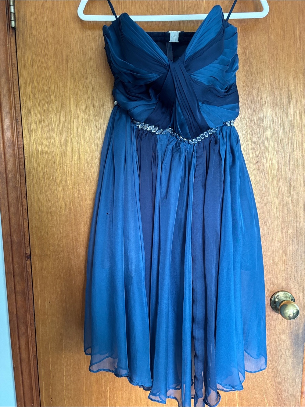 Women’s Teal Blue Chiffon Cocktail Dress with Embellished Waist